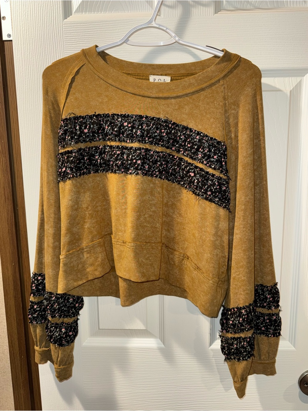 POL Mustard Cropped Pullover with Black Tweed Stripes